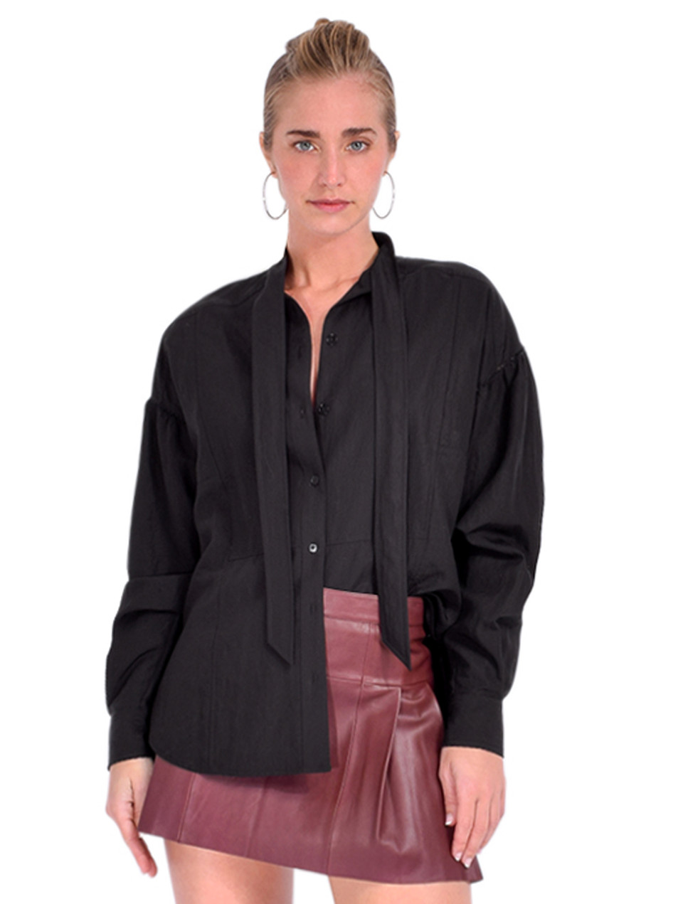3.1 Phillip Lim Long Sleeve Tie Neck Blouse in Black Front View